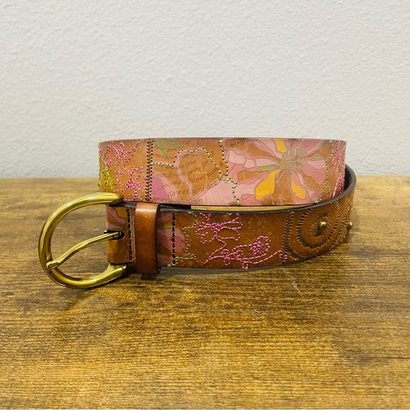 Fossil Womens Size L Brown Leather Links Painted Florals Studded Belt - Picture 10 of 10